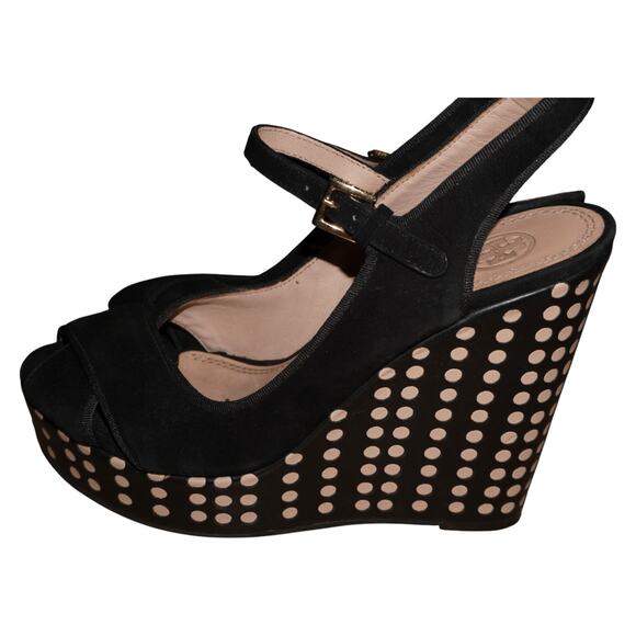 Tory Burch Ollie Black Suede Polka Dot Wedge Sandals Women’s 6.5M Made in Brazil - Picture 2 of 12